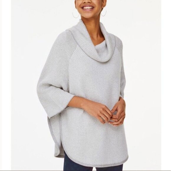 NWT! LOFT PONCHO SWEATER SZ M/L TAUPE WHITE COWLNECK OVERSIZED NEUTRAL LAGENLOOK - Picture 5 of 6